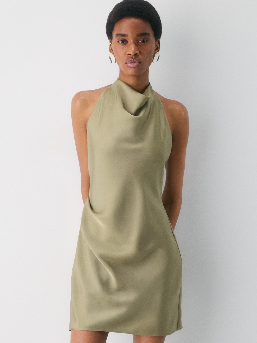 Aritzia size 6 Satin Halter Mini Dress in Olive